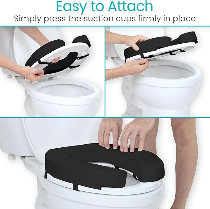 Vive Toilet Seat Cushion (Soft Cushioned Foam) - Easy Clean Padded Bathroom Attachment - Elongated, Standard Seats - Comfort and Support Donut for Handicap, Adults (2" Cushioned Foam, Black)
