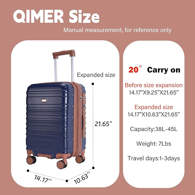 Carry on Luggage, 20Inch Expandable Luggage Airline Approved Hard Shell PC Suitcases with Wheels 22x14x9 TSA Lock Durable Zipper Lightweight Travel for Men and Women, Dark Blue
