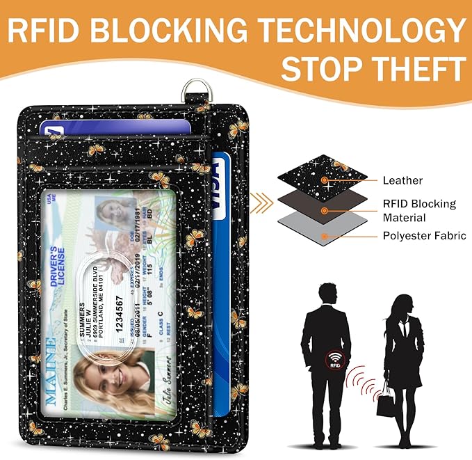 Yonlevres Mushroom Credit Card Holder Slim Wallet, RFID Wallet Women Front Pocket Wristlet Lanyard, Small Card Holder Travel Funny Cute Thin ID Window PU Leather Case Organizer Gifts Girls
