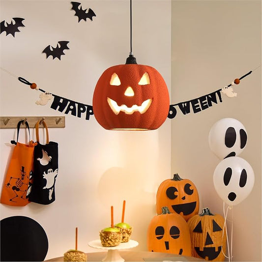 JAYMP Halloween Light Up Pumpkin Pendant Light, Jack O Lantern, Living Dining Room Hanging Lamp E26 Base Lighting Fixture (Orange, 12.6in Small Size)