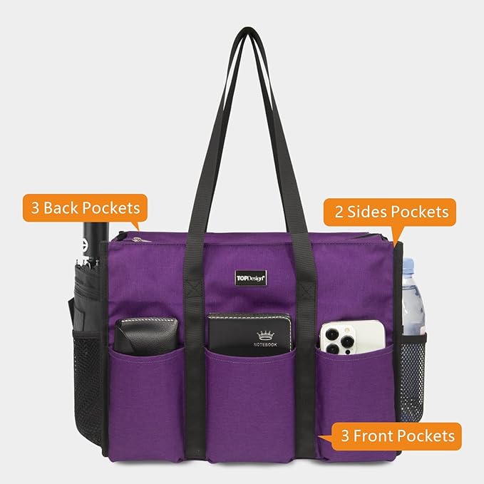 TOPDesign Utility Water Resistant Tote Bag with 13 Pockets, Top Zipper Closure & Thick Bottom Support, for Working Women