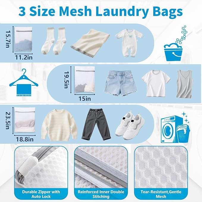150L Laundry Bag Backpack with 3 Sizes Mesh Wash Bags and Shoulder Straps Foldable Clothes Hamper Bag with Drawstring Closure for College, Apartment, Laundromat (Sky Blue)