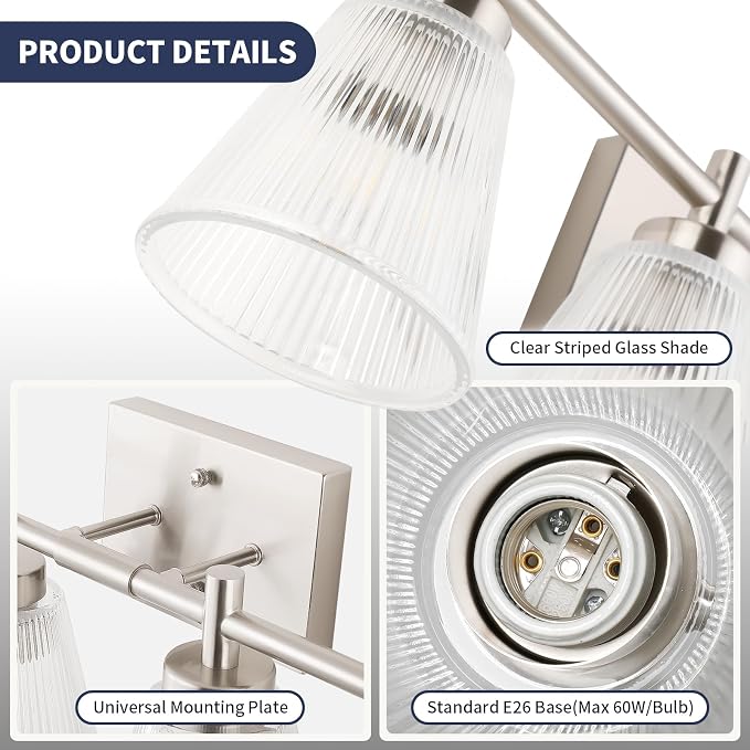 OCIOC 4-Light Vanity light fixtures, Brushed Nickel Vanity lights over mirror makeup light wall sconces with clear Striped glass shade, Bathroom lighting fixtures for Living room, Bedroom, Kitchen