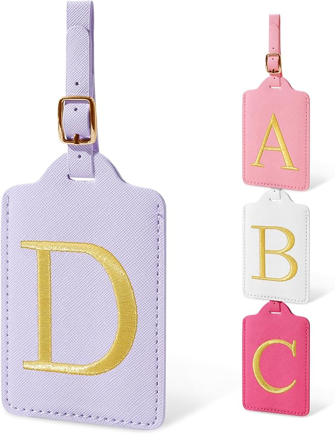 Initial Letter Luggage Tags for Suitcases, Embroidered Monogrammed Suitcase Luggage Identifier Name Tag, PU Leather TSA Approved Luggage Tags, Bag Tags for Men Women Kids Luggage Handbags(Purple D)