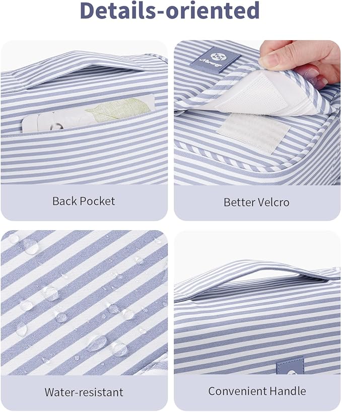 Narwey Small Hanging Toiletry Bag for Travel Women Girl, Striped Toiletries Travel Bag with Hook, Hanging Makeup Bag Organizer Make Up Cosmetic Bags (Greyish Blue Stripe)