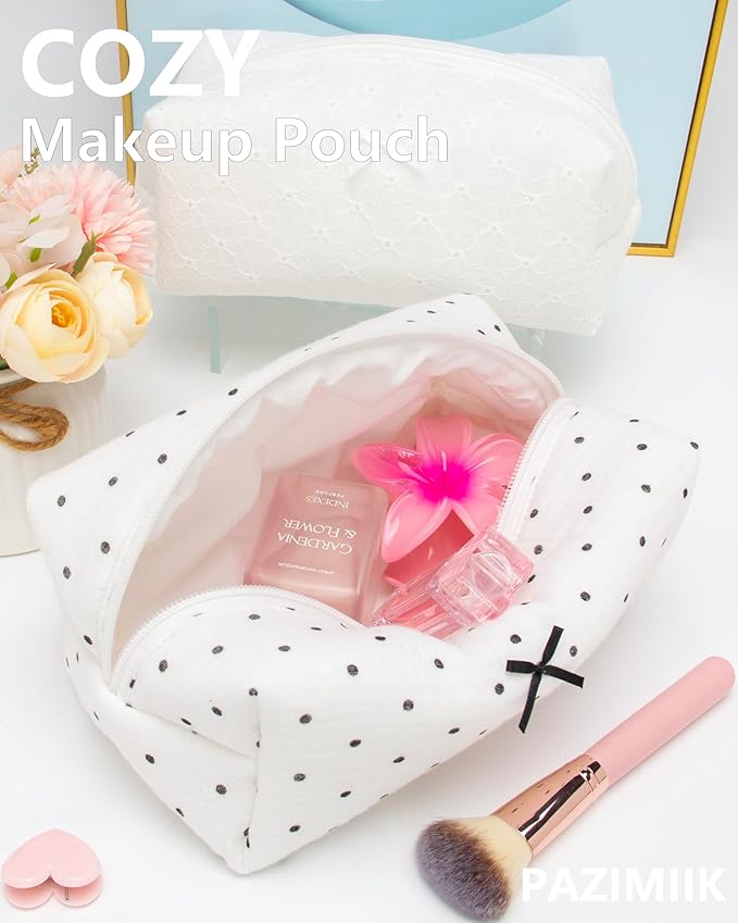 PAZIMIIK Cozy Makeup Bag Small Aesthetic Travel Zipper Cosmetic Pouch for Women Make Up Beauty Accessories Brushes,Polka Dot