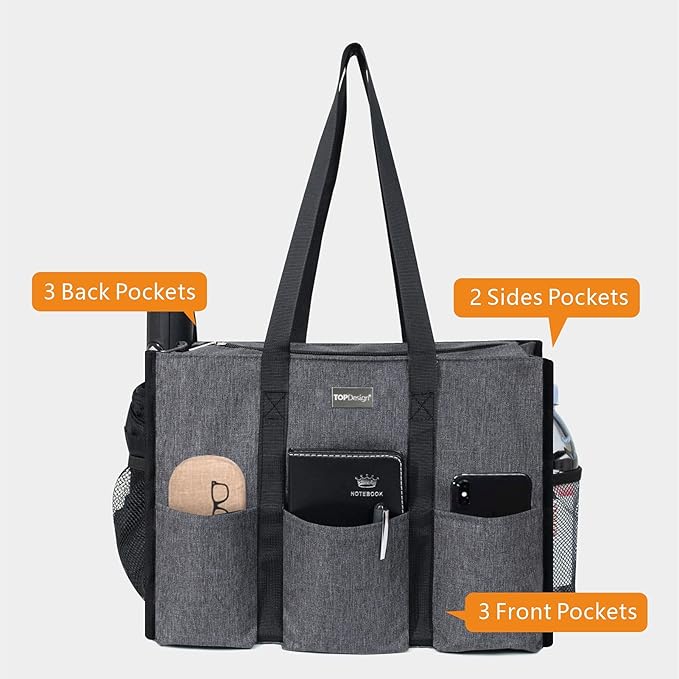 TOPDesign Utility Water Resistant Tote Bag with 13 Pockets, Top Zipper Closure & Thick Bottom Support, for Working Women