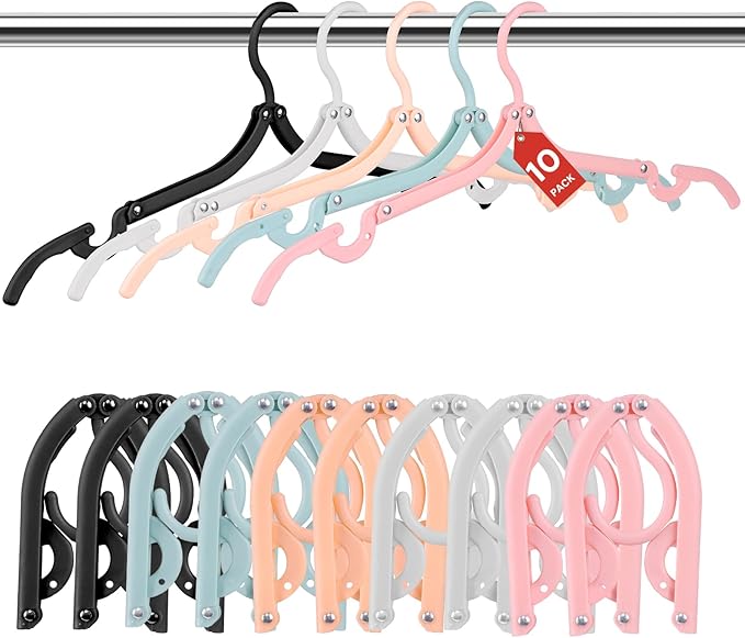 10 Pack Foldable Travel Hangers - Folding Hangers & Collapsible Hooks for Cruise/RV/Hotel/Dorm - Space-Saving Portable, Lightweight Compact Travel Essentials (Assorted Colors)
