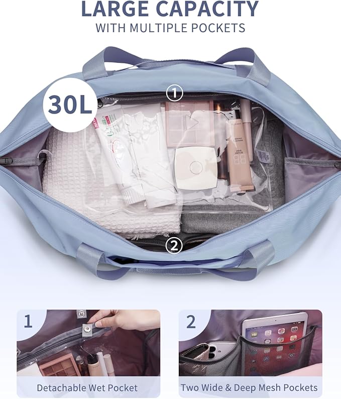 ECOHUB Travel Duffel Bag Water Resistant Weekender Bag Carry On Bags for Women Sport Gym Bags for Men Hospital Bag for Labor and Delivery Overnight Bag Luggage Bag with Trolley Sleeve 30L Grayish Blue
