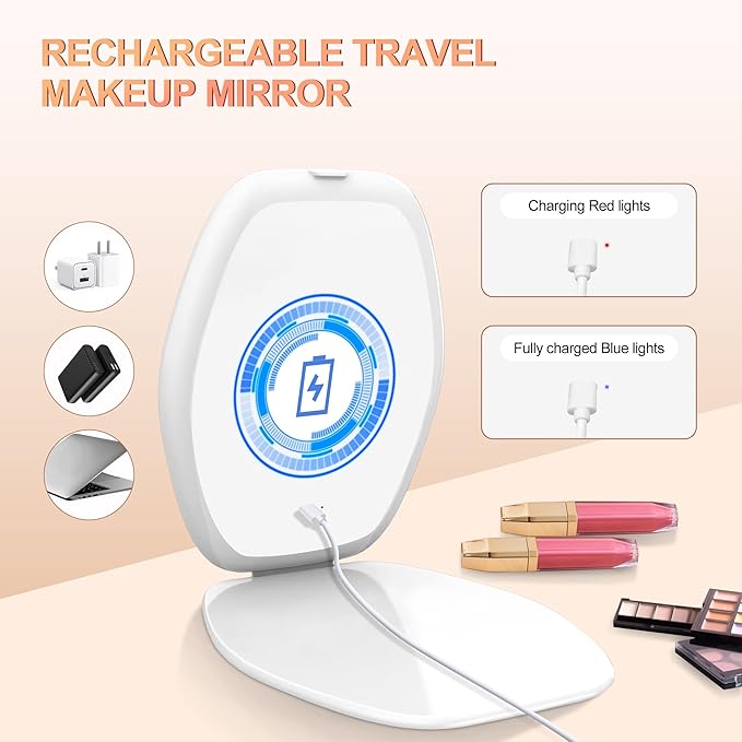 COSYGLOW Travel Makeup Mirror with Light: 3 Color Lighting Portable Mirror with Touch Screen Rechargeable Adjustable LED Lights Hexagon Vanity Mirror for Travel, Desk, Home (White)