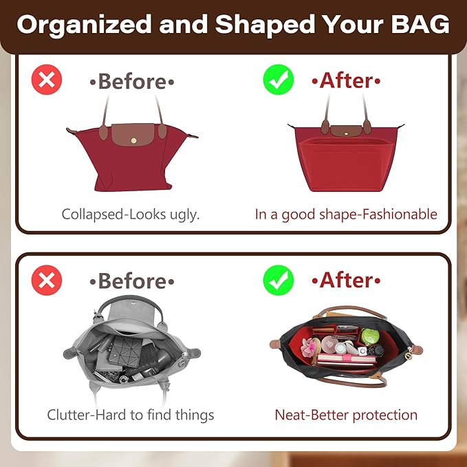 Fit Longchamp Organizer Insert, for Long Champ Le Pliage L Bag Handbag Women, with Cup Holder, Large/Burgundy