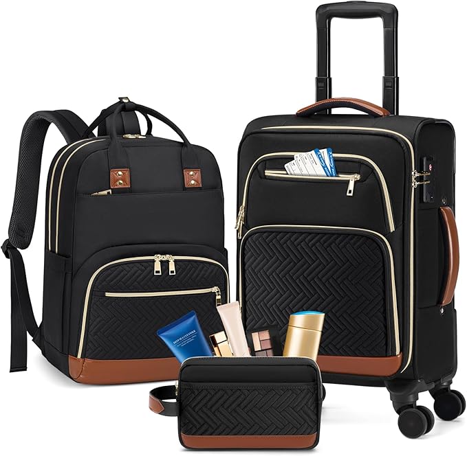RAINSMORE Carry On Luggage 22x14x9 Airline Approved, 20 Inch Softside Suitcases with Wheels, 3 Piece Luggage Sets, Rolling Carry On Suitcase with TSA Lock for Travel Weekender
