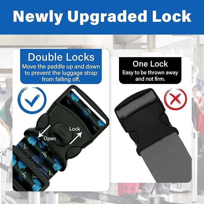 2 Pack Luggage Straps for Suitcases, Adjustable Travel Belt with Double Lock and Quick Release Buckle, Heavy Duty Nylon Bag Packing Strap, Unique Identifiers Travel Accessories-Blue Butterfly