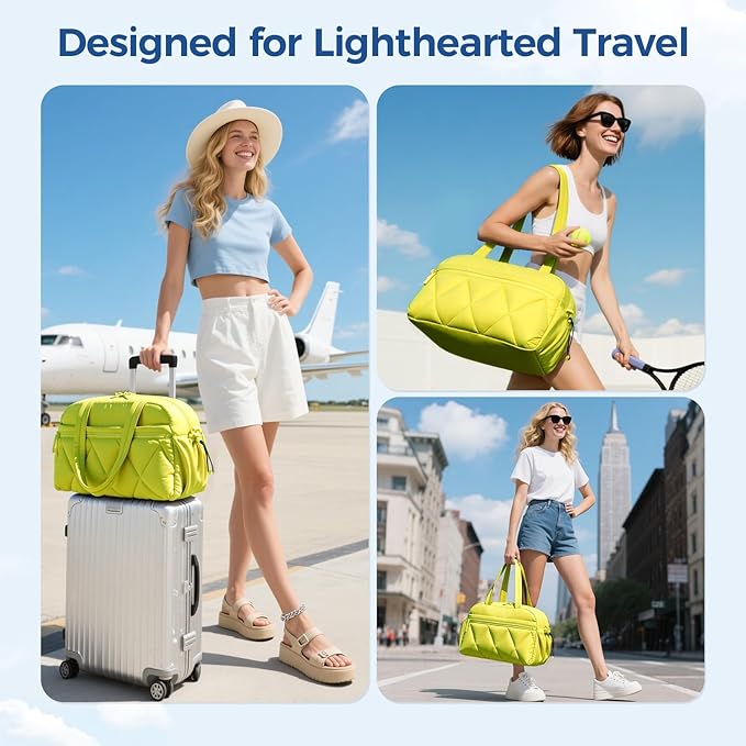 Gym Bag for Women, Puffer Travel Duffle Bag With Shoes Compartment & Wet Pocket, Carry On Tote Bag For Weekender, Overnight, Sport (Neon Lime, Medium)