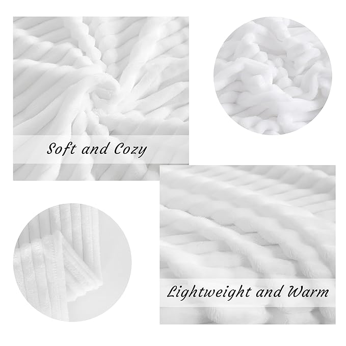 NTBAY Plush Flannel Twin Bed Blanket, 60X80 Inches Soft and Warm Lightweight Blanket with Striped Texture Bed Blanket for Couch Sofa Bed All Seasons, 60"x80", White