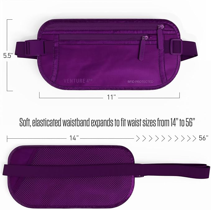 VENTURE 4TH Money Belt for Travel – Hidden Under-Clothes RFID Blocking Passport Holder & Slim Travel Wallet Pouch for Men & Women to Protect Cash, Cards & Documents (Sleek Purple)