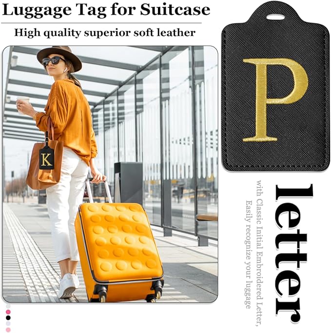 Personalized Initial Luggage Tags for Suitcases,Leather Letter Cute Luggage Tags with Privacy Name Card,Embroidered Monogrammed Travel Bag Backpack Tag Gifts for Women Kids Girls Teens(Black-P)