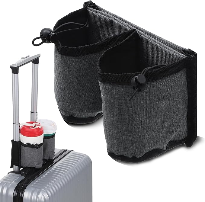 Luggage Cup Holder for Suitcase Foldable Beverage Carrier for Coffee Bottles Snacks, Suitcase Cup Holder Carrier for 2 Drinks Travel Universal Gray Airplane Drink Holders for Business Travelers