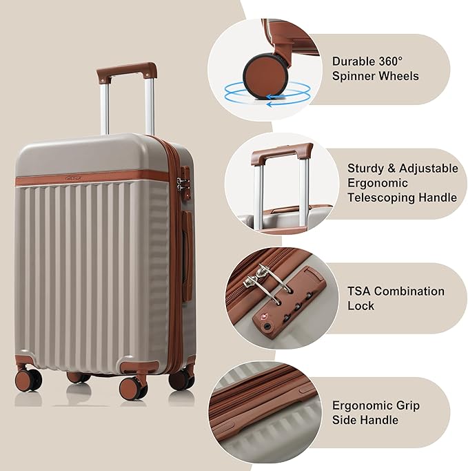 Hardshell Luggage, Lightweight Suitcase with Spinner Wheels, KHAKI+USB