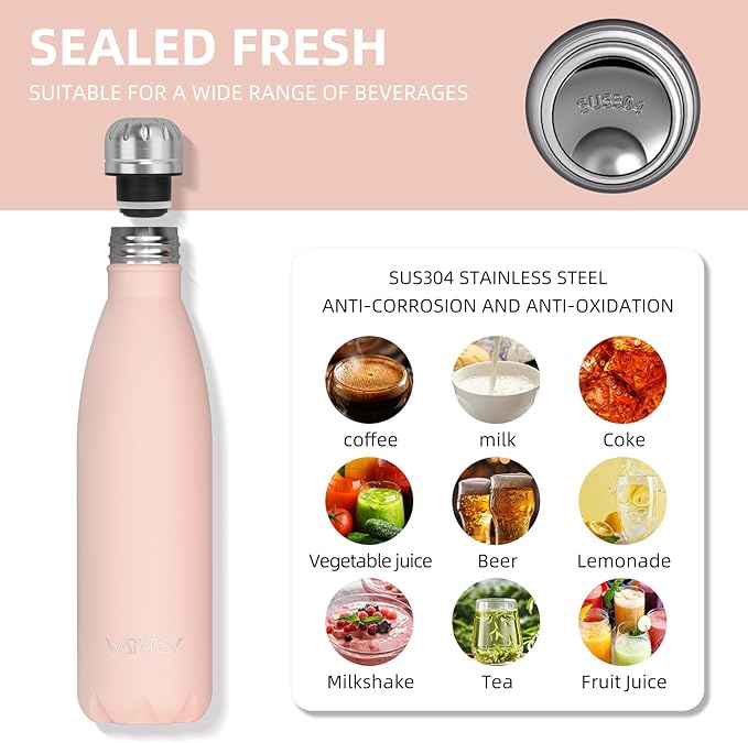 WATERSY Stainless Steel water bottles,17oz/500ml Insulated Water Bottles,Pink metal water bottle Keeps Drink Cold and Hot,BPA Free kids water bottles for School,Gym,Travel,Sports
