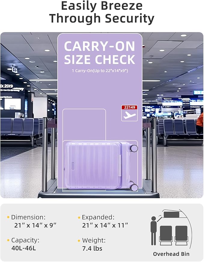 LARVENDER Carry On Luggage 22x14x9 Airline Approved, 20 Inch Expandable PC+ABS Hardside Carry On Luggage with Front Pocket Spinner Wheels TSA Lock for Women Men (Lavender)