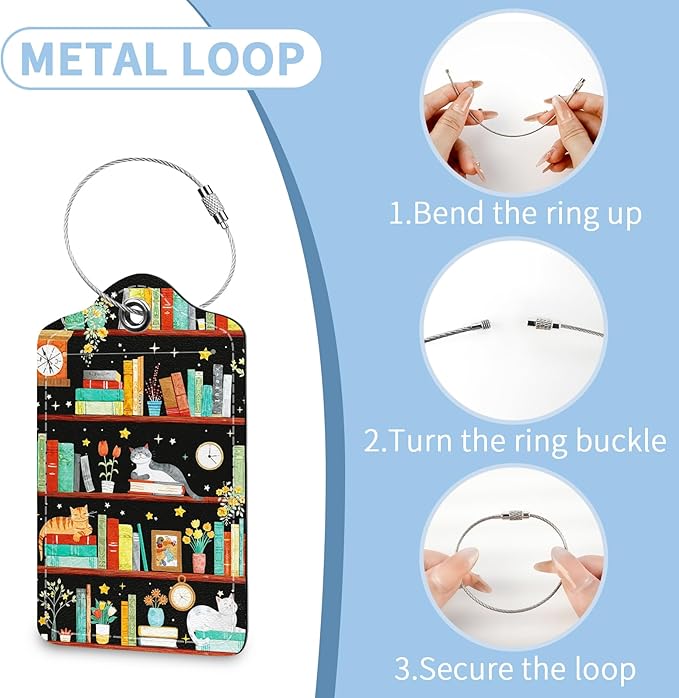 2 Pcs Cat Book Bookshelf Luggage Tag for Suitcase, Cute PU Leather Suitcase Tag Privacy Cover ID Label with Metal Loop, Personalized Baggage Identifier for Women Cruise Bag Travel Essentials