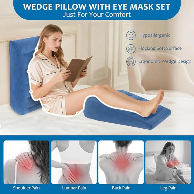 Portable Inflatable Wedge Pillow for Sleeping - Inflatable Back Pillow with Eyes Mask for Sleeping Upright,Knee Wedge Cushion for Traveling,Back Bed Headrest for Leg Elevation,Snoring-25x24x8"