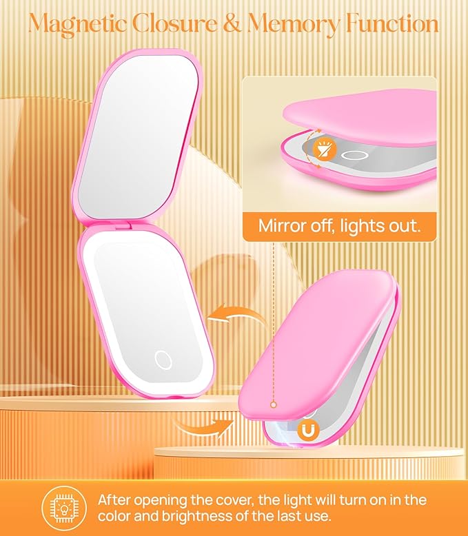 Gospire Lighted Compact Mirror with Light and Magnification 1X/3X, Stepless Dimming and Three-Color Adjustable Lights, Rechargeable Battery and Compact Size for Purse and Travel - Deep Pink