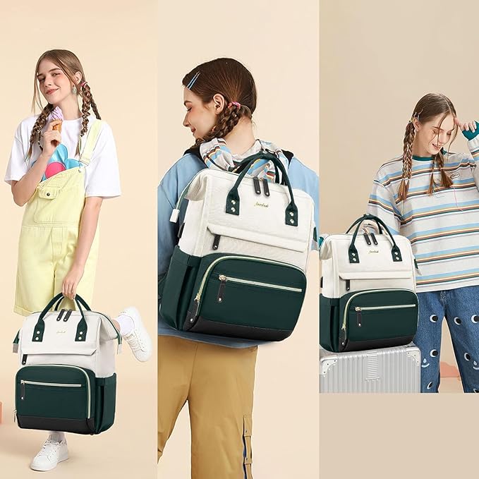 Laptop Backpack Women Work Bag: 15.6 inch Work Bookbag with USB Charging Port Large Travel Backpack Purse for College Nurse Casual Daypack for Teacher Professional Computer Backpack Beige Green