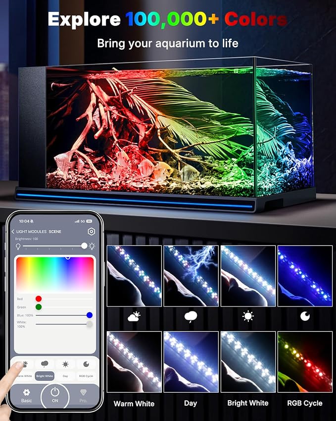 Pawfly Aquarium Light with Bluetooth for Plants, 5W 8 inch Full Spectrum Fish Tank Light for 8-15 inch Fish Tanks, Submersible LED Lights with App Control, Timer Modes & Adjustable Brightness