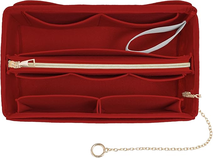 Purse Organizer Insert, Handbag Organizer with Zipper, Tote Shaper with Cup Holder & Keychain, Compatible with LV, Neverfull, MK, COACH, Longchamp, Kate Spade – Red-Lg