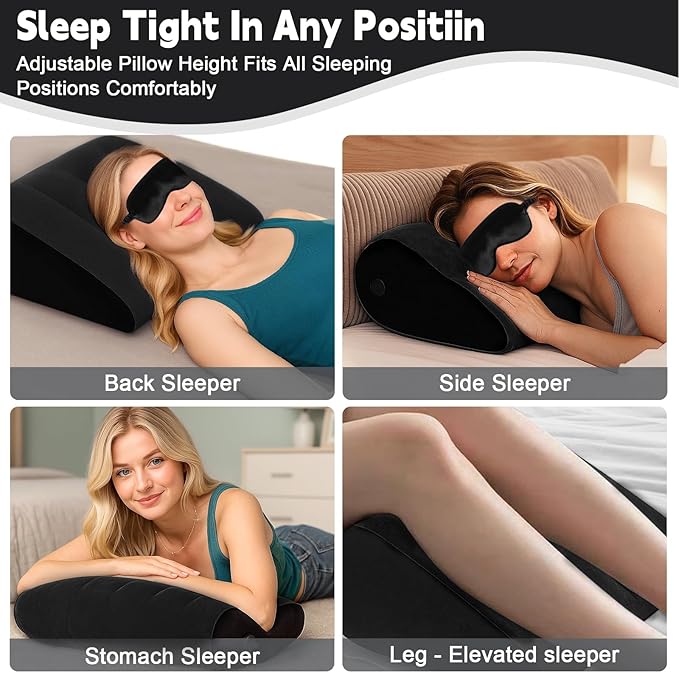 TheClover Inflatable Wedge Pillow for Sleeping - Leg Elevating Pillow with Sleep Mask, Bed Wedge Pillow for Camping（Black）