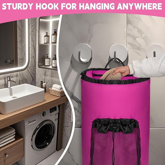 150L Laundry Bag Backpack with 3 Sizes Mesh Wash Bags and Shoulder Straps Foldable Clothes Hamper Bag with Drawstring Closure for College, Apartment, Laundromat (Hot Pink)