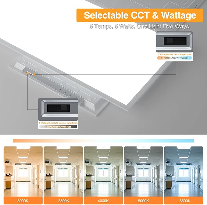 2x4 LED Flat Panel Light,Selectable 5CCT,0-10V Dimmable,9360LM,4Pack | 3000K/3500K/4000K/5000K/6500K, 30W/40W/50W/60W/72W, 2x4FT LED Drop Ceiling Fixture for Office, Commercial, School, ETL Listed