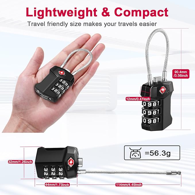ZHEGE TSA Approved Cable Luggage Lock, Travel Lock, Keyless Padlock with 3 Digit Combination for Suitcase, Backpack, Bag, Toolbox, Gym Locker - Easy to Read & Use for All Ages (Black, 1 Pack)