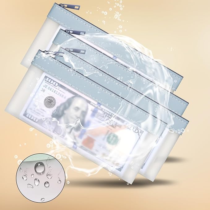 4-Piece Cash Envelopes With Zipper - 7.6 x 3.7 inch Clear Bank Deposit Bags, Multi-Purpose Check Wallet (Blue)