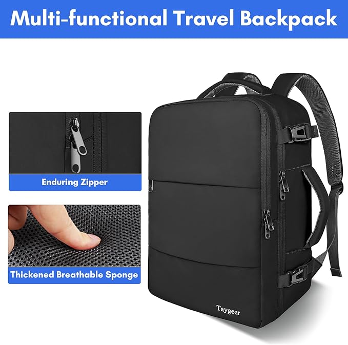Taygeer Travel Backpack for Men Women, Carry On Backpack with Shoe Pouch, TSA 17.3inch Laptop Mochila Flight Approved, Nurse Bag Casual Daypack for Weekender Business Hiking,Black
