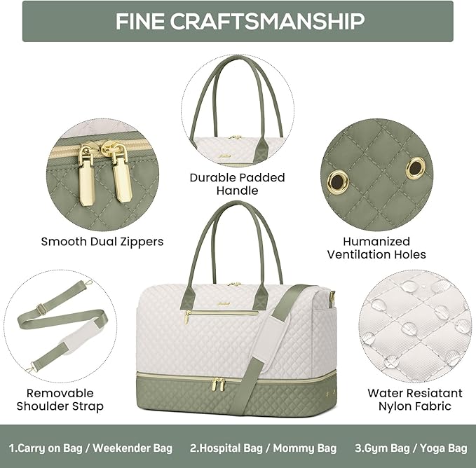 Travel Weekender Duffle Bags for Women - Duffel Bag with Shoe Compartment Carry On Overnight Bag with Toiletry Bag with Wet Pocket for Gym Hospital Bags for Labor and Delivery Beige Green