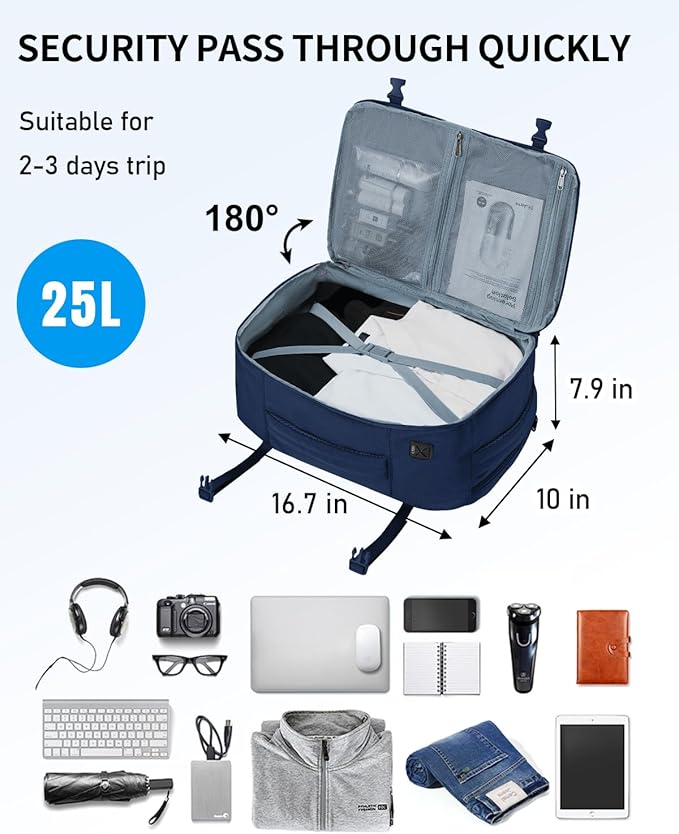 ECOHUB 17'' Travel Backpack, Personal Item Backpack with 13 Pockets, Flight Approved Carry on Backpack with USB Port & Luggage Sleeve, Travel bag for Men & Women, Water Resistant Backpack, Blue