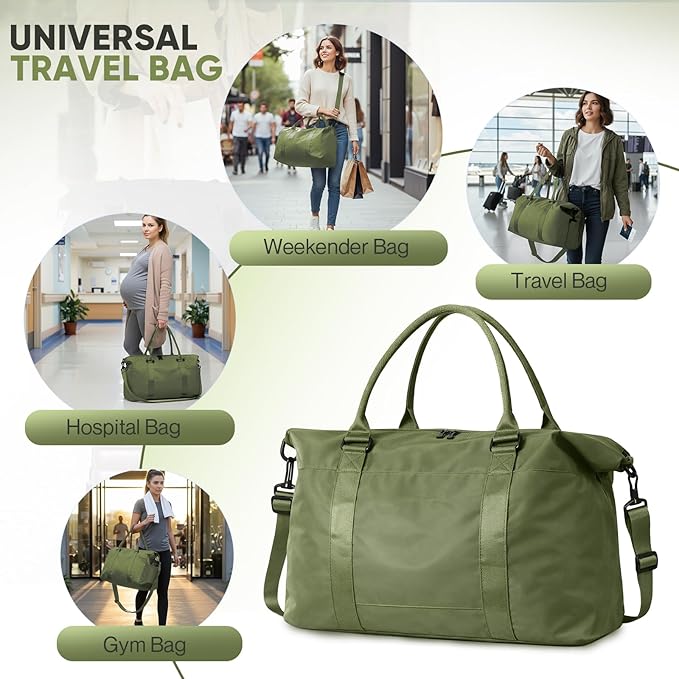 Travel Duffle Bag, Weekender Travel Bag Men Small Gym Bag for Women, Hospital Bag for Labor and Delivery, Overnight Bag Luggage Bag with Trolley Sleeve, Airplane Travel Essentials for Flying(Green)