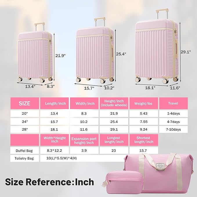 Merax Luggage Sets 5 Piece,Hardshell Expandable Suitcase with Spinner Wheels and Travel Bags,Lightweight Carry on Luggage,20/24/28IN,Pink
