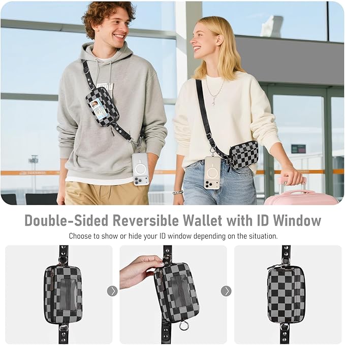 Tiostep Clip and Go Strap for Phone with Wallet Crossbody Phone Lanyard and Detachable Checkered Bag with ID Window and RFID Pouch for Daily Travel.