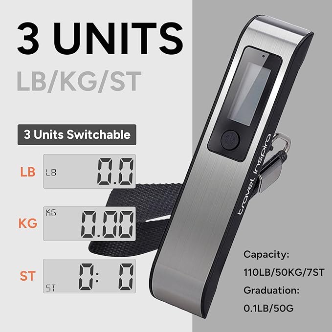 travel inspira Luggage Scale, Portable Digital Hanging Baggage Scale for Travel, Suitcase Weight Scale with Rubber Paint, 110 Pounds, Battery Included
