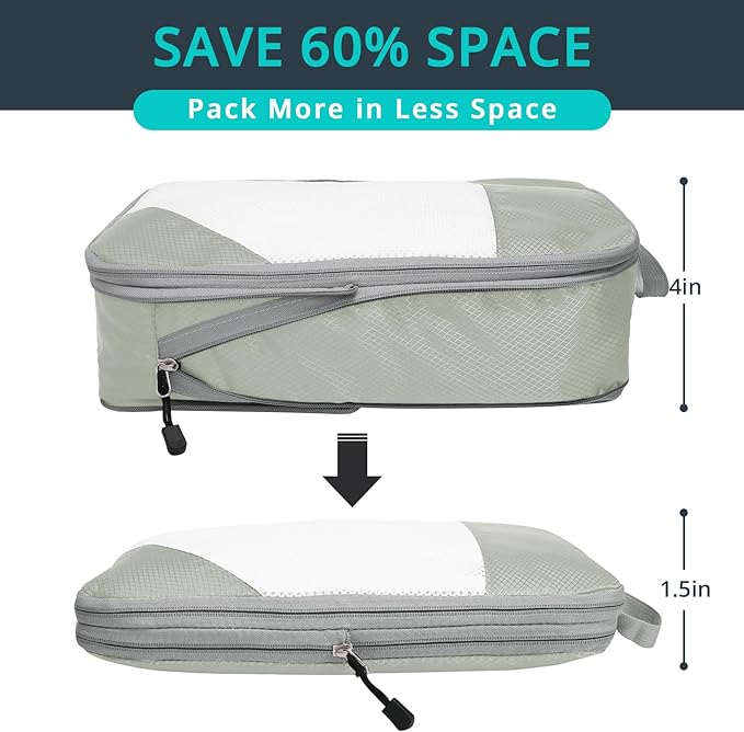 Compression Packing Cubes 6 Set, Compressible Space-Saving Packing Cubes for Travel - Compression Bags, Luggage Organizer, Travel Essentials for Women, Light Grey