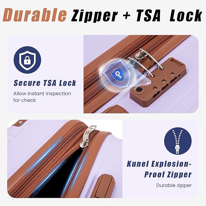 KUNEL Expandable 5 Piece Luggage Sets with Detachable Spinner Wheels and TSA Lock, Unisex Hardside ABS Suitcase Set, Hardshell Lightweight Waterproof Travel Hard Case Suitcases with Wheels, Purple