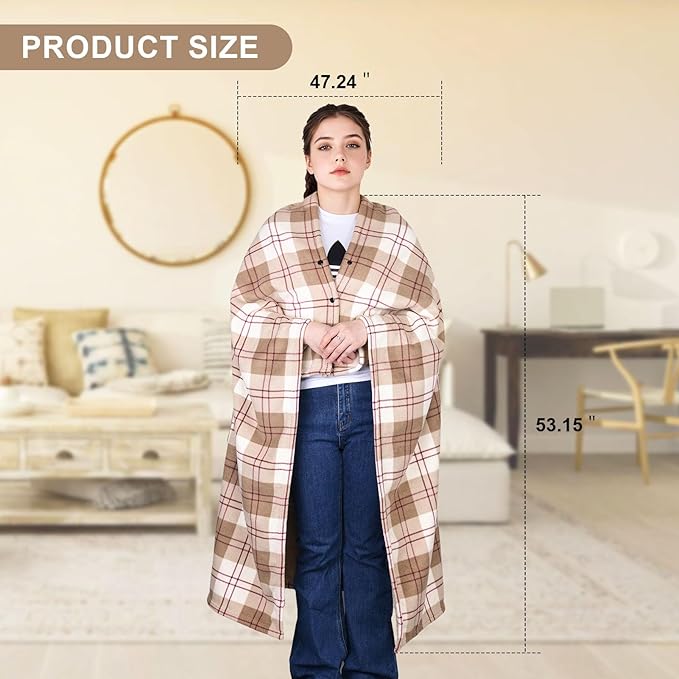 forestfish Wearable Blanket Compact Pillow 2-in-1, Flannel Lap Blanket Poncho with Button Plaid Throw Cushion for Home Office Sofa