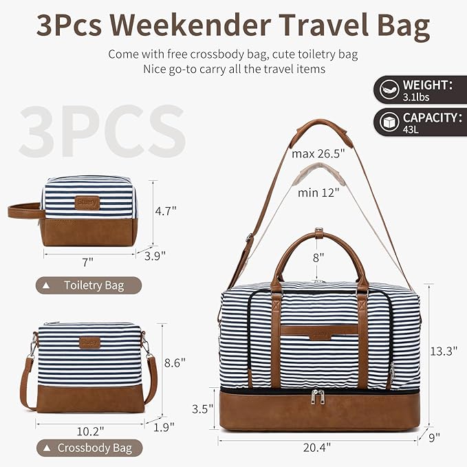 Weekender Bag, Large Travel Duffel Bag for Women, Carry on Overnight Bag with Shoe Compartment and Toiletry Bags