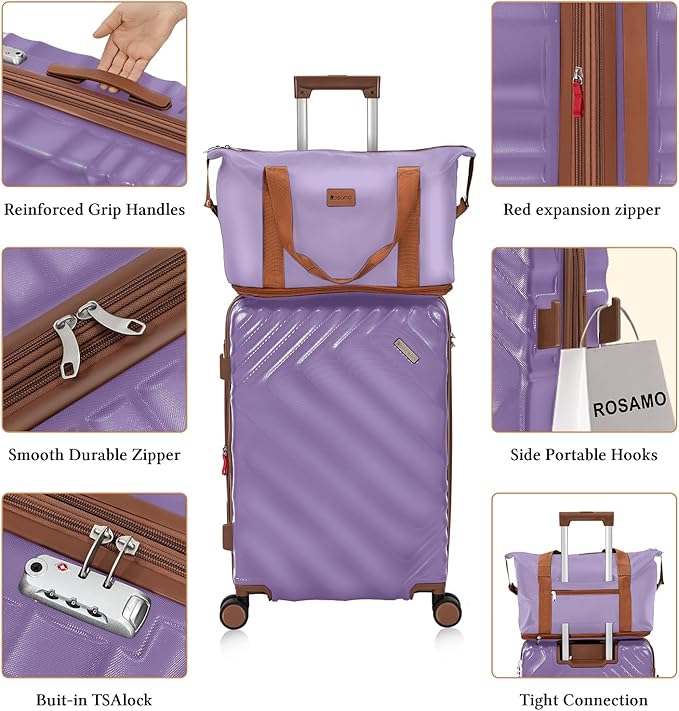 5 piece Luggage Set Expandable Suitcase 22x14x9 Airline Approved Carry on, ABS Hard Case Suitcases with Spinner Wheels, TSA Lock (Purple)