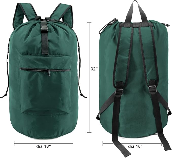 BeeGreen Laundry-Bag-Backpack-Heavy-Duty, Green Nylon Drawstring Portable Laundry Backpack Tall Foldable Extra Large Dirty Clothes Travel Bag with Handle College Dorm Apartment Essentials