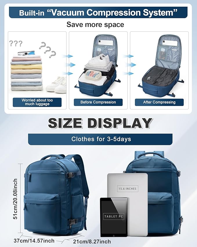 VGCUB Vacuum Backpack Travel with Electric Pump Vacpack System Storage Compression Laptop Work Business Waterproof College Weekender Bags Casual Daypack Backpacks for Women Men Blue